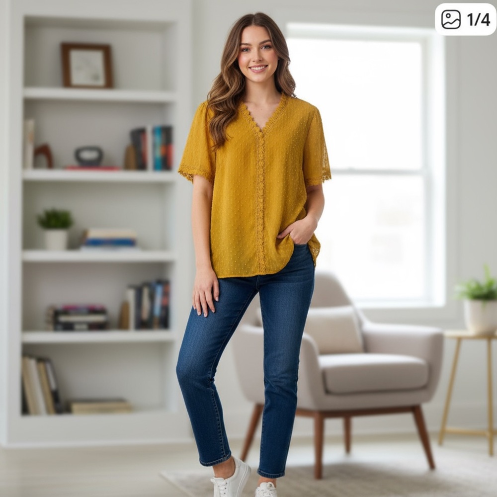 Dokotoo Mustard Women's Top with Lace Trim 2X NWT